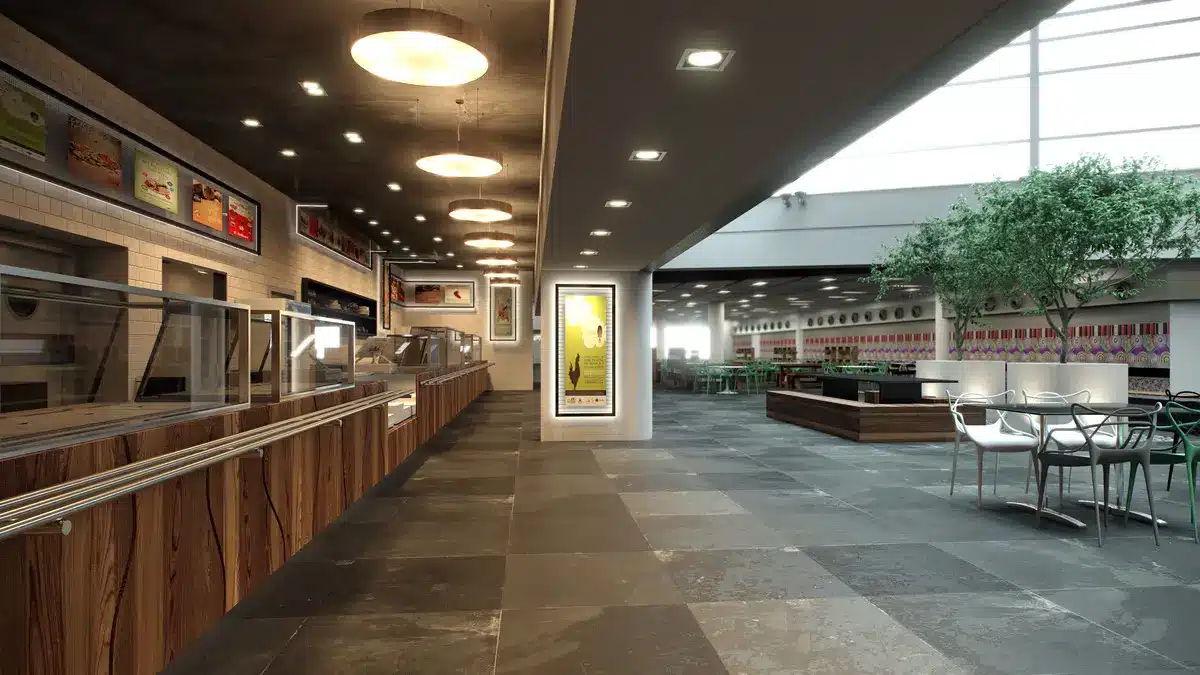 עיצוב Food Hall עם דוכני מזון וישיבה משותפת